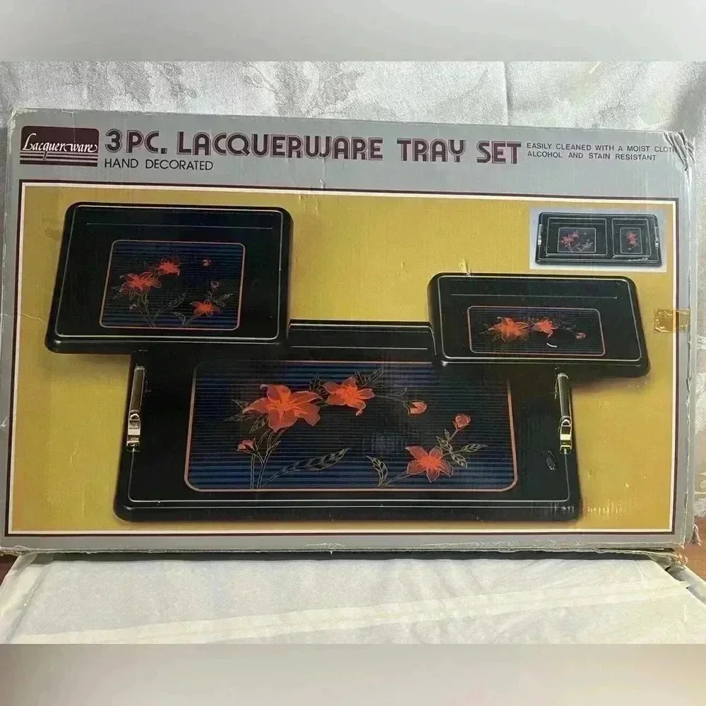 Vintage Brand New Set of 3 Lacquerware Tray Set - Never Assembled - MCM Kitchen